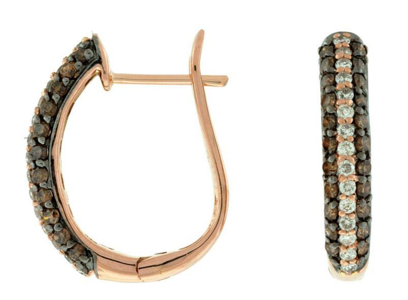 FILA ORECCHINI PENDENTI HUGGIE 3D TRE FILE ORO ROSA 14KT DIAMANTI BIANCHI E MOKA .90CT