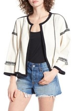 Moon River Womens Sz Xs Fringe Trim Open Front Jacket Bohemian Linen Cotton Boxy