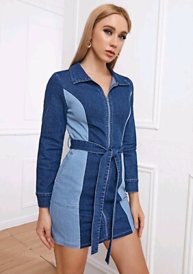 Zip Up Belted Color Block Long sleeve Denim Dress, size M, 38 | eBay