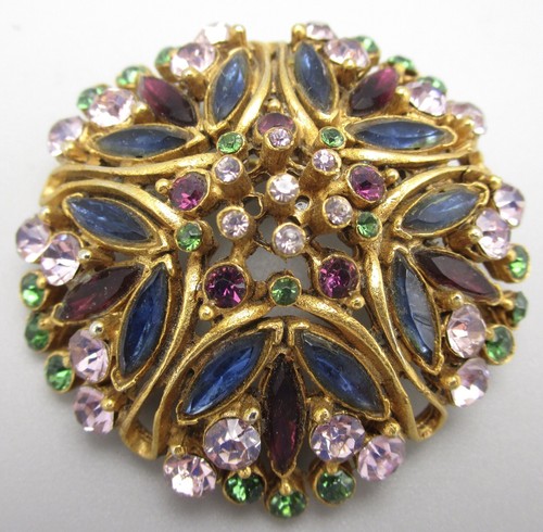 BEAUTIFUL FLORENZA GOLTONE AMETHYST & SAPPHIRE RHINESTONE DOME BROOCH PIN