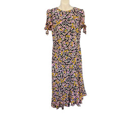 Betsey Johnson Bumble Bee Dress Pink Yellow Floral Print Ruffle Hem Midi Sz 8