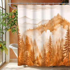Fall Misty Forest Shower Curtain Orange Mountain Nature Landscape Pine Tree