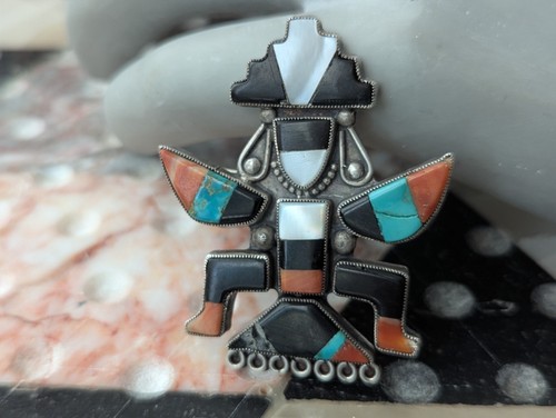 Large Vintage Zuni Art Handmade Sterling Multi Gem Inlay Knifewing Brooch Pin - Picture 8 of 23