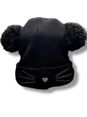 Matalan Mädchen Katze Beanie Mütze 3-6 Jahre schwarz Strick Bommel Ohren Winter Acryl
