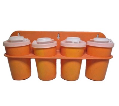 Vintage Orange Tupperware Spice Shakers #102 Flip Top Lids w Wall Rack