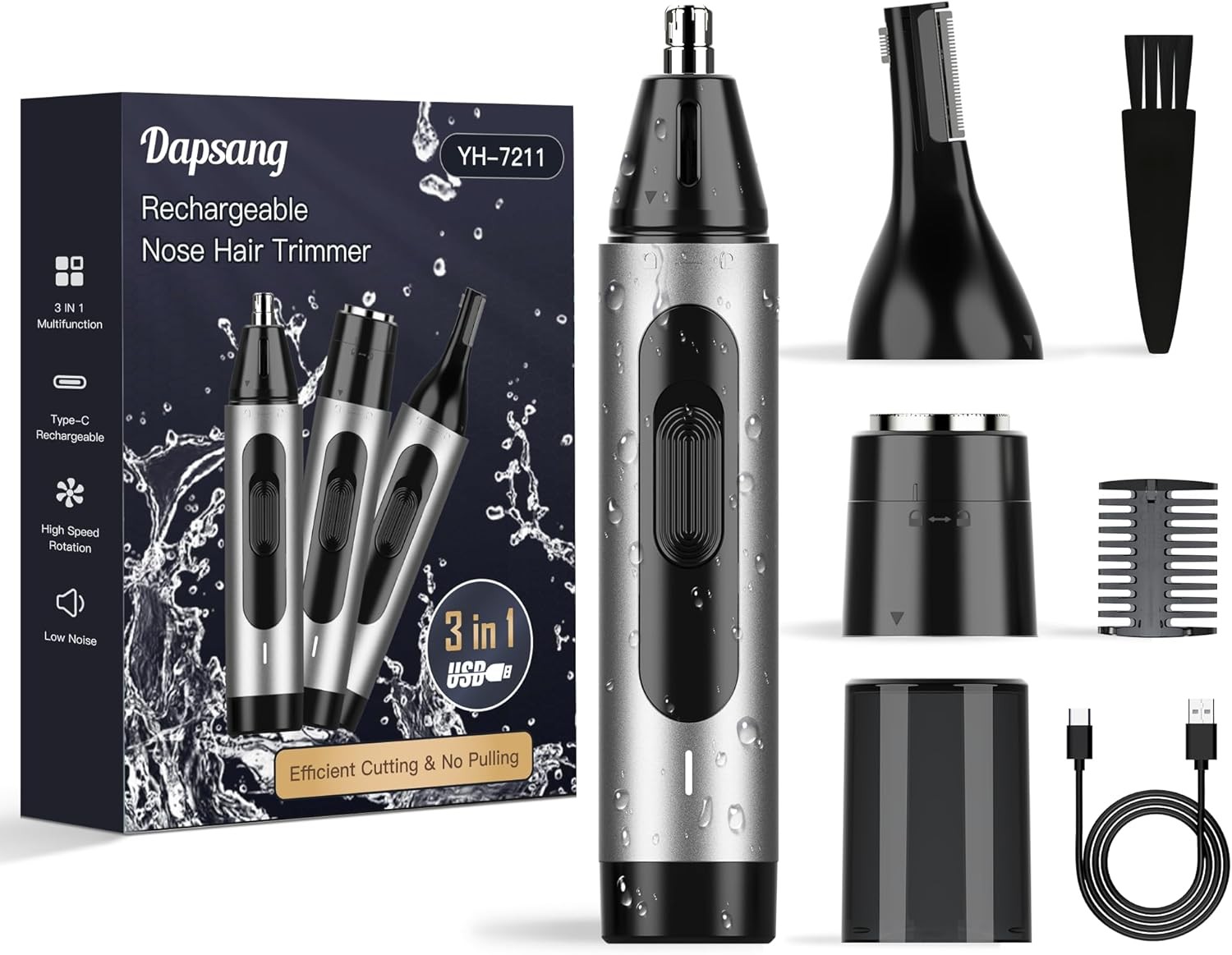 USB Rechargeable Men's Ear & Nose Hair Trimmer Silver Black