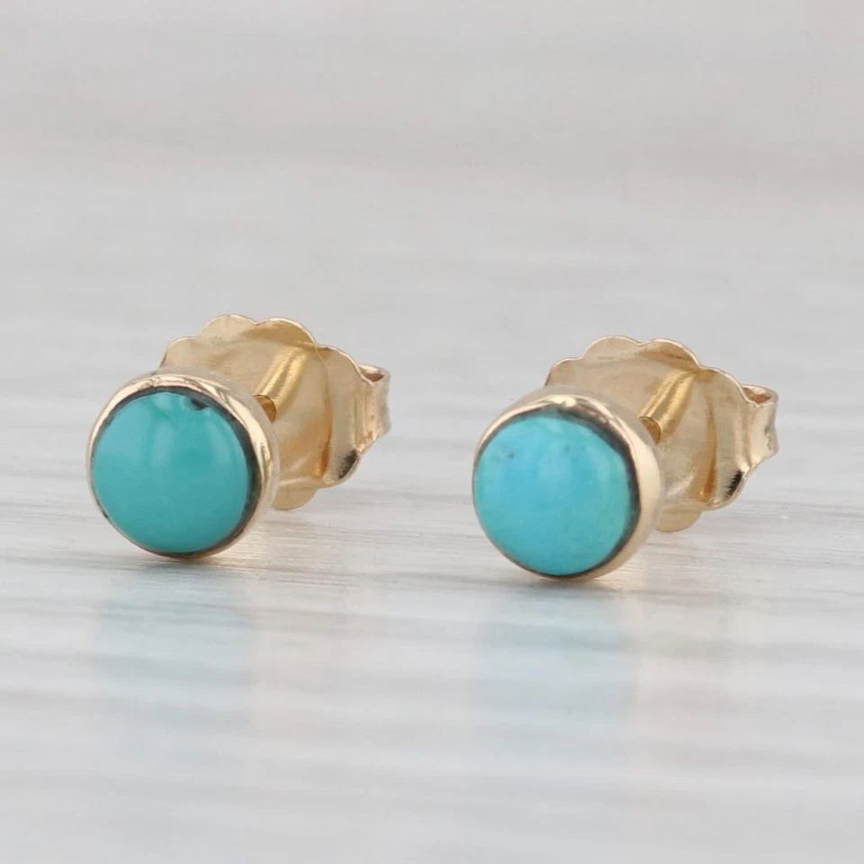 Aretes solitario cabujón redondo oro amarillo 14k turquesa Foto 3 de 4