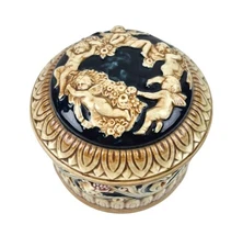 Vtg Maruhon Ware Japan Powder Jar Cherub Ceramic Canister 5.5" Diameter Majolica