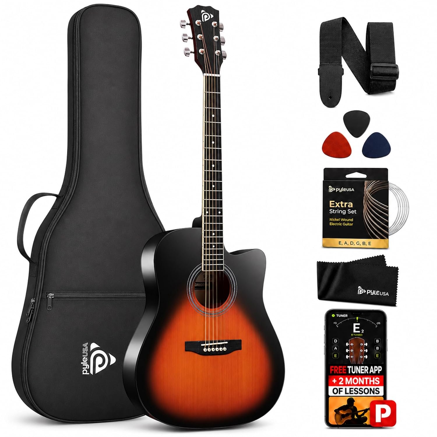 Pyle Steel String Acoustic Guitar Kit, 4/4 Full Size Cutaway All-Wood...