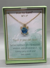 True To Form Blue Crystals Turtle Gold Tone Necklace 16"+3"