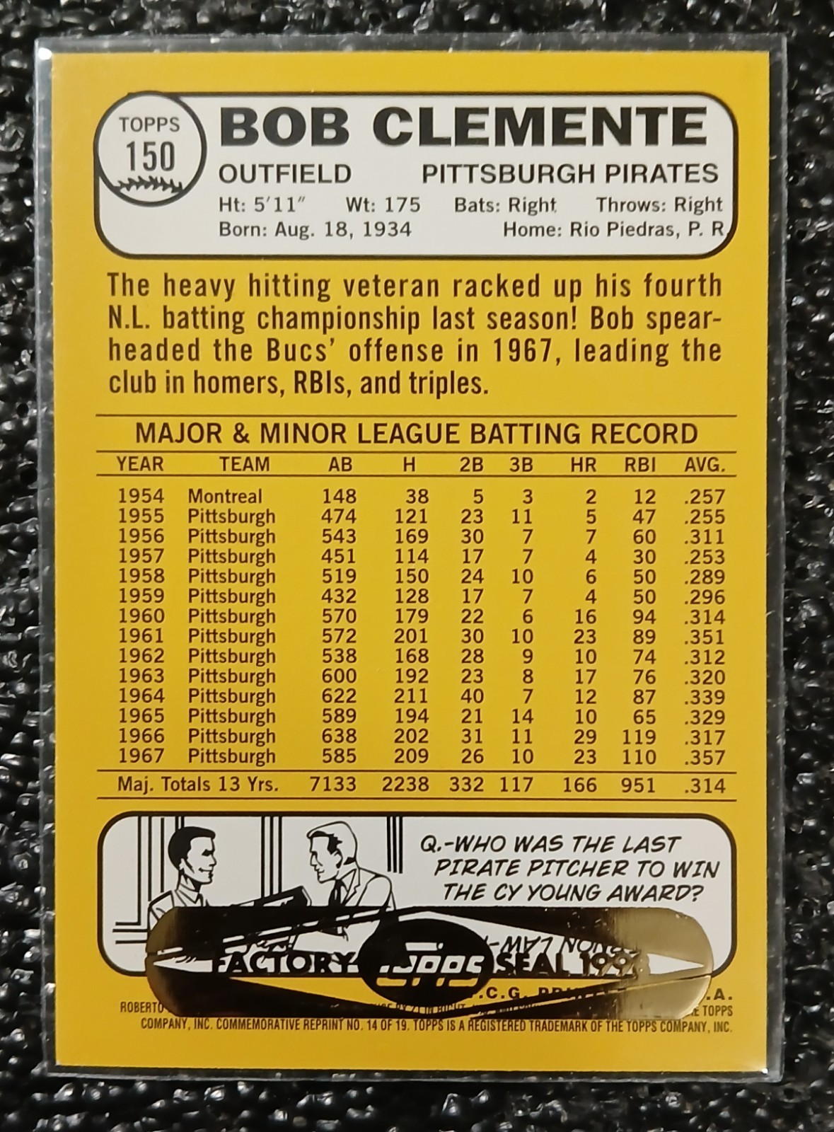 1998 Topps Roberto Clemente 1968 Hermetically Sealed Reprint Centered Pirates