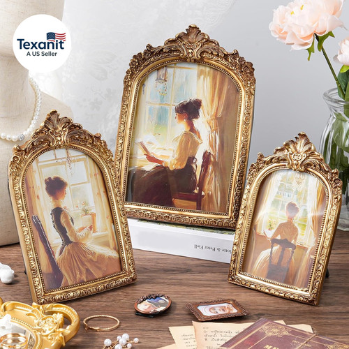 3 Pcs Vintage Picture Frames Antique Set, Ornate Gold Baroque Photo Frames with