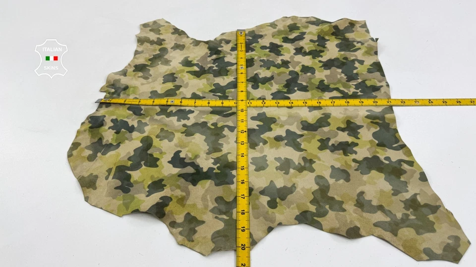 GREEN CAMOUFLAGE PRINT ON IVORY SUEDE Soft Lambskin Leather 3sqf 0.8mm #C6070 - Image 4 of 4