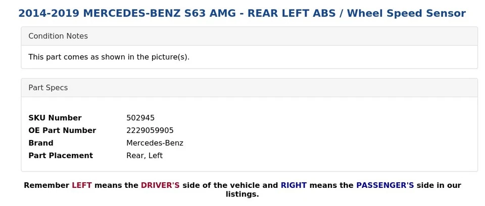 2014-2019 MERCEDES-BENZ S63 AMG - REAR LEFT ABS / Wheel Speed Sensor - Image 4 of 4