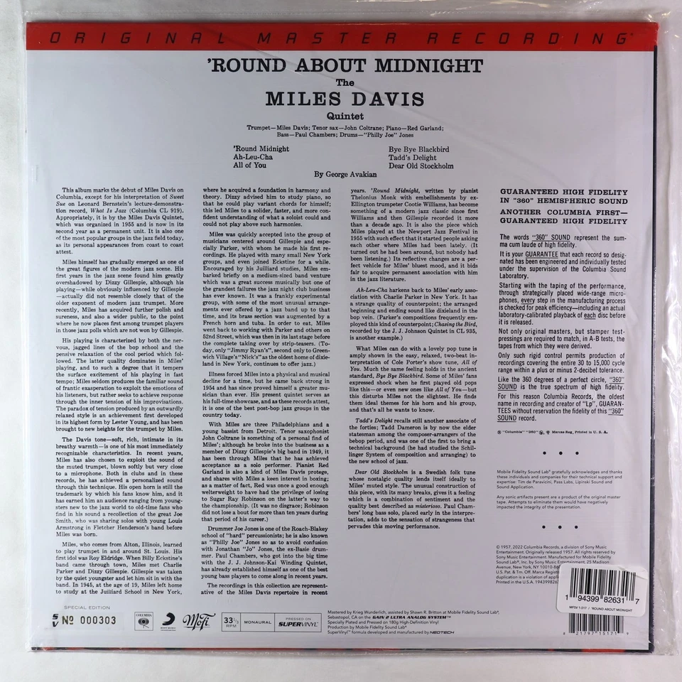 Miles Davis - 'Round About Midnight LP - MFSL 180g Reissue Mono SEALED - Image 2 of 2