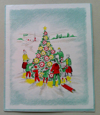 Family gather around  town's tree glitter vintage Christmas greeting card #A49