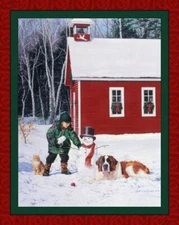 Snow Buddies digital Panel Cotton quilt fabric Snowman barn scene  36 x 44