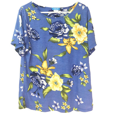 Thanh Mai Collection Womens Short Sleeve Blue Shirt 2XL Pattern Flower 2567-843