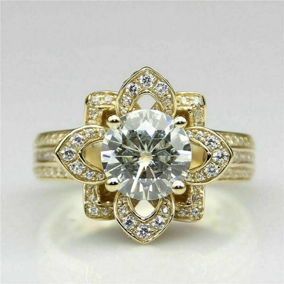 Blume Hochzeit Ring 2,70Kt Rund Brillant Verlobungsring Gelbgold-Finish Silber - Bild 1 von 4