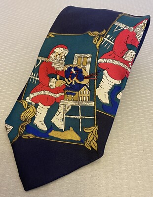Cape Cod Neckwear Christmas Santa Claus Workshop Necktie Navy 100% Silk USA