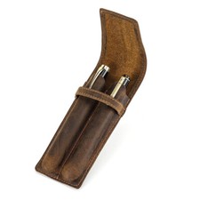 Handmade Real Leather 2 Slots Pen Holder Case Organizer Pouch Pencil storage Bag