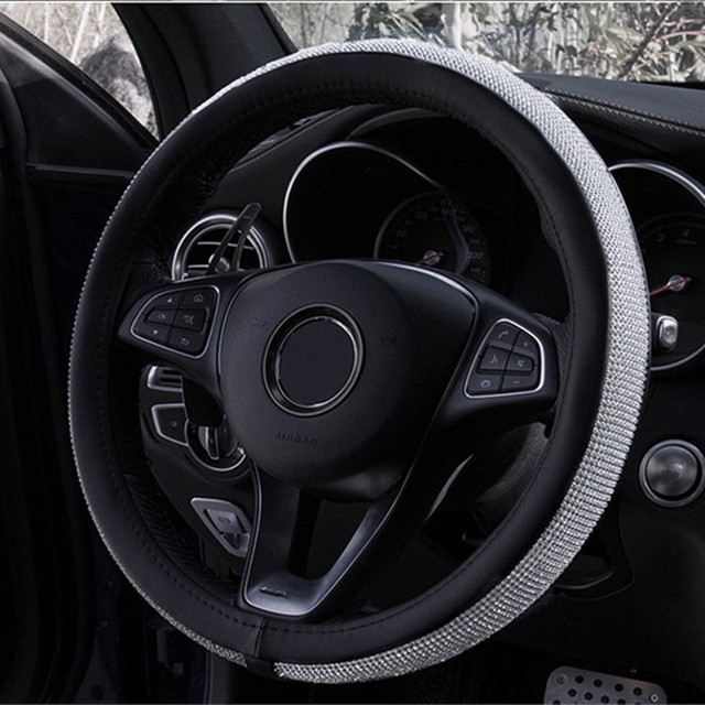 38cm Crystal Rhinestone Auto Car Steering Wheel Cover Black PU Leather
