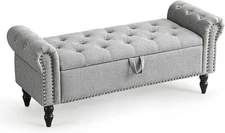 Furniliving 51” End of Bed Bench with Button-Tufted Large Storage Bench, Grey