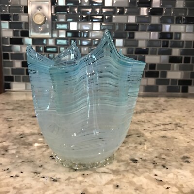 Italian Murano Venetian Glass Mezza Filigrana Handkerchief Vase aqua blue  Label