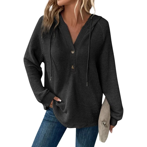Women's hooded waffle knit button V-neck long sleeved sweater sweatshirt top- - Bild 21 von 43