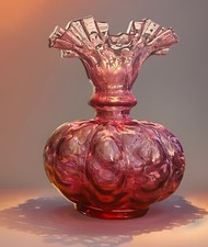 Fenton Art Glass Cranberry Optic Melon Vase 8" Tall Ruffled Rim Great Color