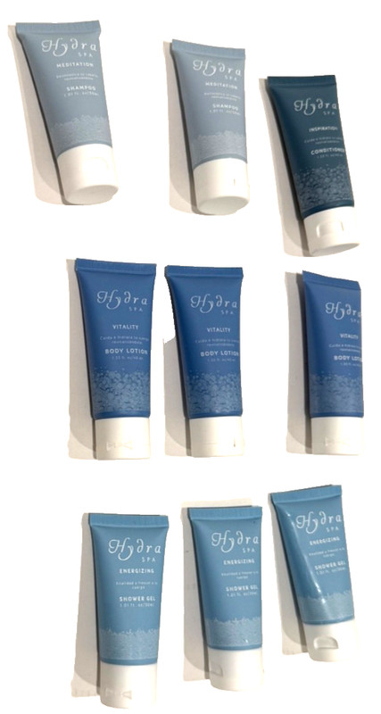Hydra Spa Hotel Toiletries Travel Lot 9 Pc Set Shampoo Conditioner Lotion Gel