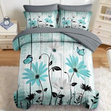 Comforter Set Full Size, Turquoise Teal Daisy 7 Pcs Bedding for Kids and Adul...
