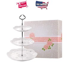 3-Tier White Porcelain Serving Tray Floral Cake Stand for Wedding Birthday Tea