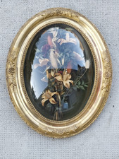 ancien cadre médaillon bois doré de mariage ? fleur séché verre bombé marié oval