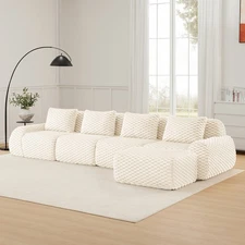 146" L-Shaped Modular Sectional Sofa w/ Ottoman, Flannelette, Cream