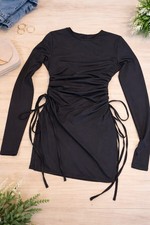 SHEIN Black Ruched Side Tie Long Sleeve Mini Dress High Slits On Sides Sz Small