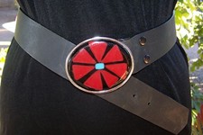 VTG Southwestern Zuni Silver Turquoise Coral Inlay Flower Western Belt Buckle