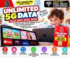 Unlimited 5G Data SIM iPad Kids Tablet Three Preloaded Exp April 2028