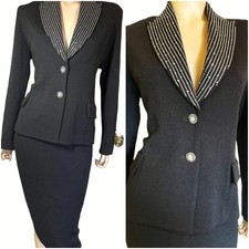 St John Black Santana Knit Skirt  Jacket Suit w Rhinestones  Paillettes sz 12