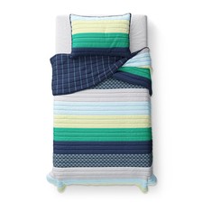 Reversible Green Stripe Stitch Quilt Set, Twin, 2 Pieces