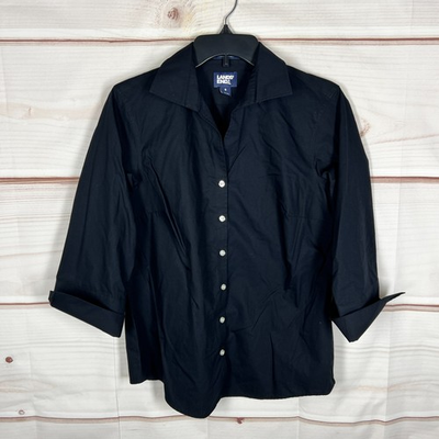 #ad Lands End Top Women Size 8 Black No Iron Broadcloth Shirt Button Up Cotton Solid $10.00