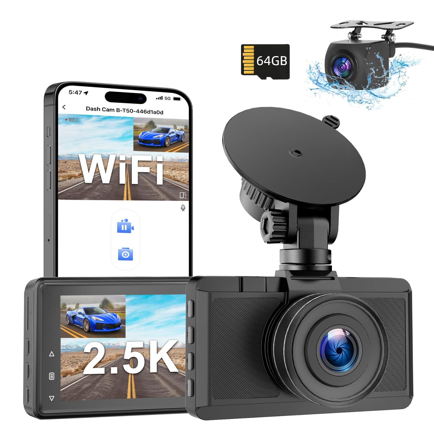 3Inch WiFi Dash Cam with 2.5K Front and 1080P Rear Camera, Dual Recording, Night Vision, Loop Recording-image