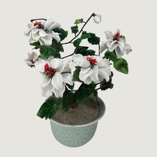 Vintage Chinese Glass Jade Bonsai Tree White Magnolia Blossom Flower Celadon Pot