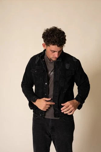 FOREVER 21 MAN Men's Black Distressed Denim Jacket Button Front Pockets L image 3