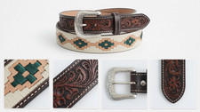 Southwestern Tooled Two Tone Leather Belt Size 36 Inlay Aztec Pattern WB-869 New