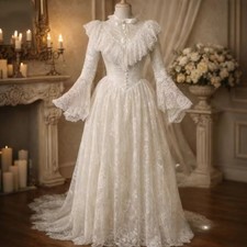 Medieval Renaissance Edwardian Lace Wedding Dresses High Neck Long Sleeve Ruffle