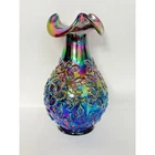 Fenton Carnival Glass Vase Price Sticker Blue Leaf Embossed Ruffled Rim 7 Inch