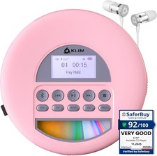 KLIM Nomad Portable CD Player Walkman, FM Radio, Bluetooth, SD MP3, Case - Pink