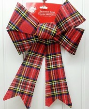 Large Red Plaid Burlap Christmas Bow Decoration 9"x15" Wall Door Hanging Tie On