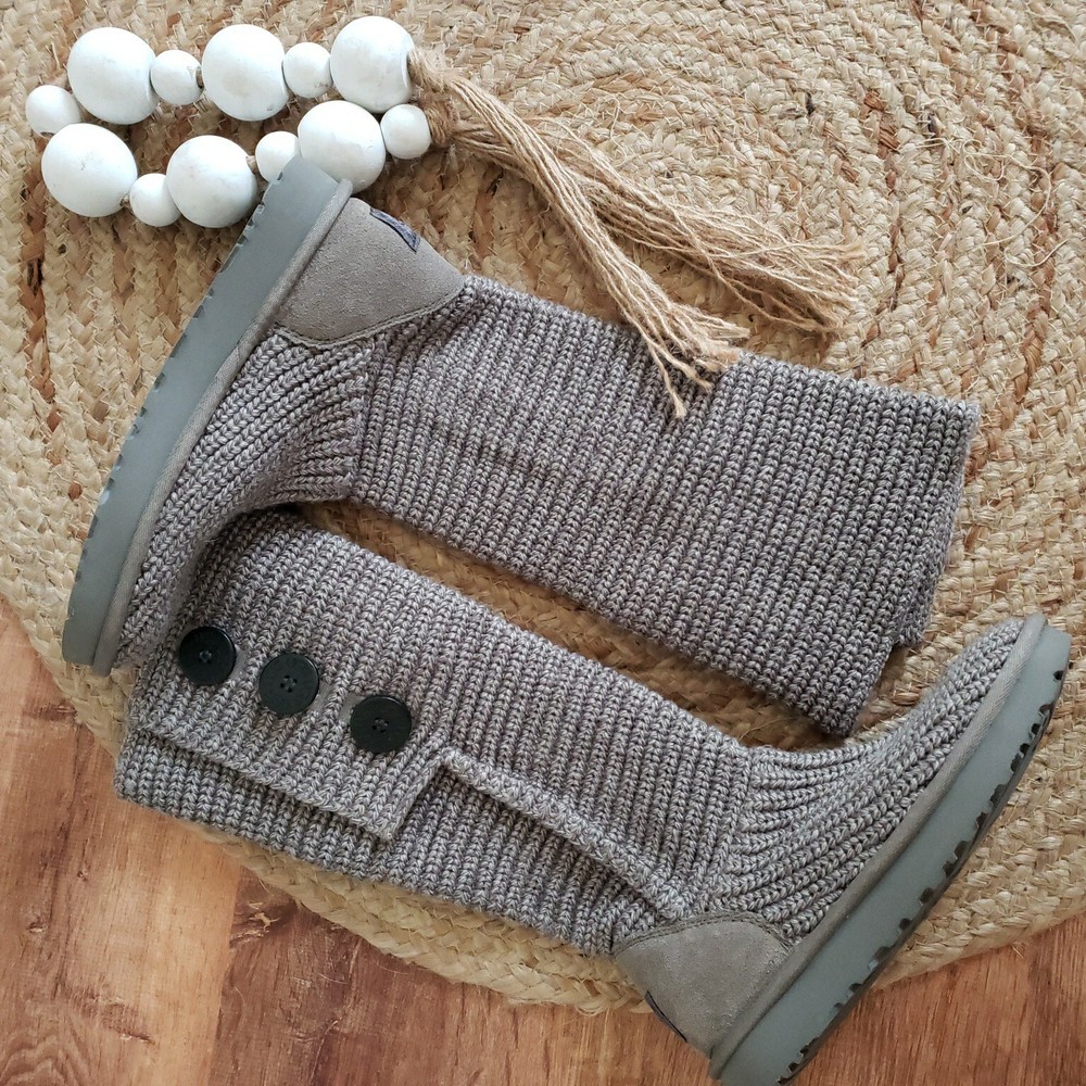 UGG Australia Classic Cardy Knit Sweater Foldover Gray Tall Boots Sz 6